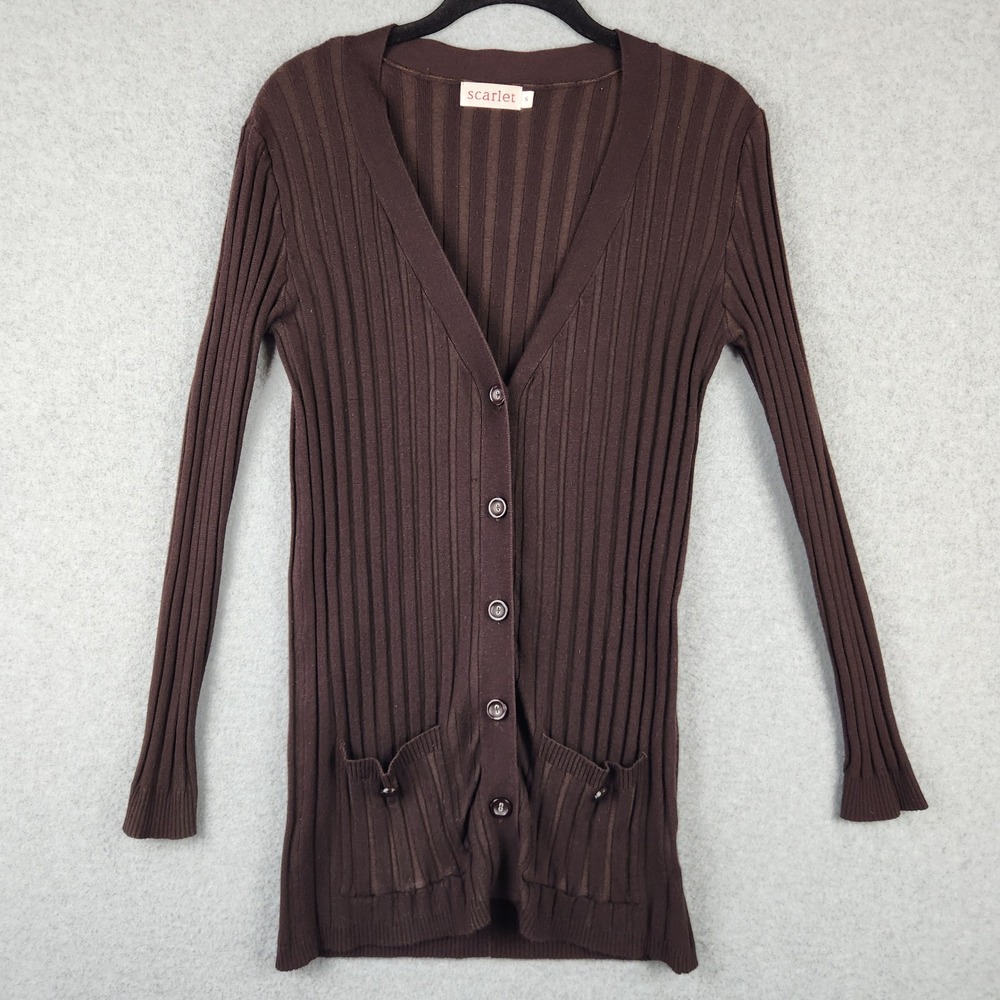 Scarlet Womens Ribbed Knit Button Front Cardigan Brown V-Neck Longline‎ Small